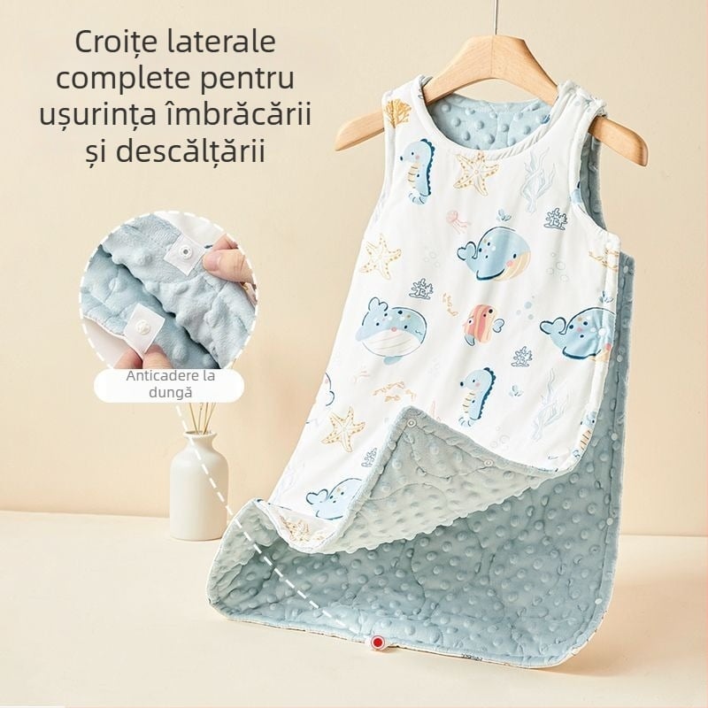 Sac de dormit pentru copii, în stil vestă, pentru primăvară-toamnă, cu picioare despărțite și protecție a abdomenului, exterior din bumbac, umplutură poliester