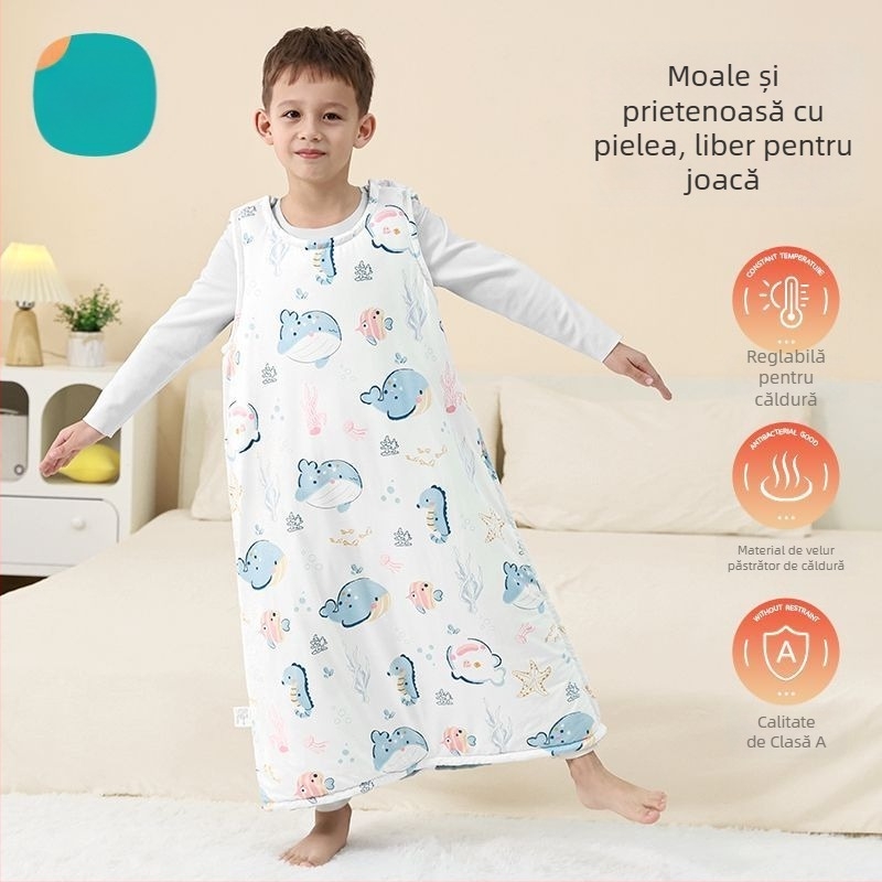 Sac de dormit pentru copii, în stil vestă, pentru primăvară-toamnă, cu picioare despărțite și protecție a abdomenului, exterior din bumbac, umplutură poliester