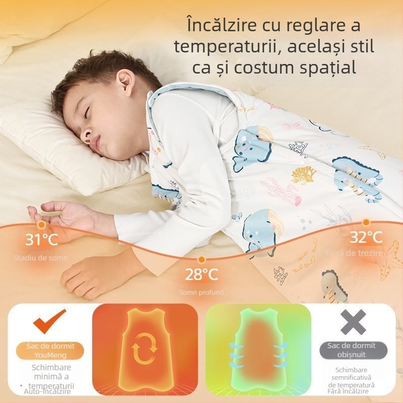 Sac de dormit pentru copii, în stil vestă, pentru primăvară-toamnă, cu picioare despărțite și protecție a abdomenului, exterior din bumbac, umplutură poliester
