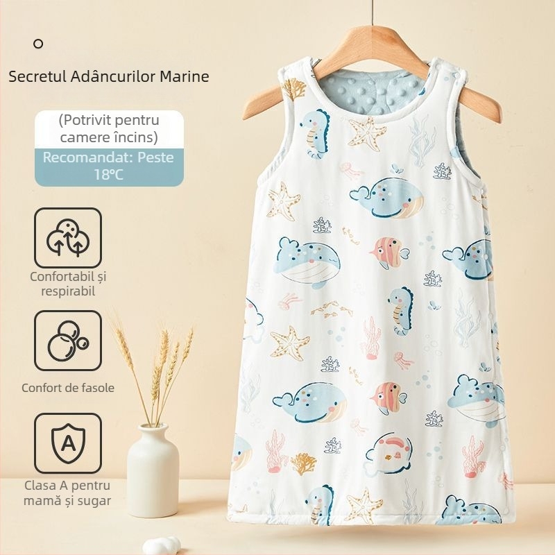 Sac de dormit pentru copii, în stil vestă, pentru primăvară-toamnă, cu picioare despărțite și protecție a abdomenului, exterior din bumbac, umplutură poliester