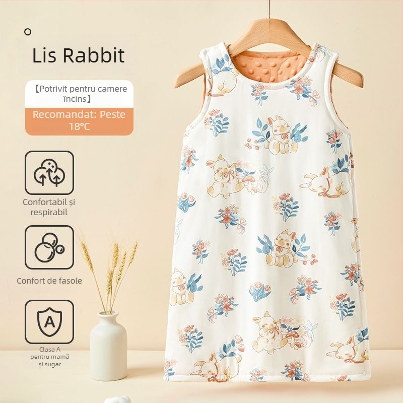 Sac de dormit pentru copii, în stil vestă, pentru primăvară-toamnă, cu picioare despărțite și protecție a abdomenului, exterior din bumbac, umplutură poliester