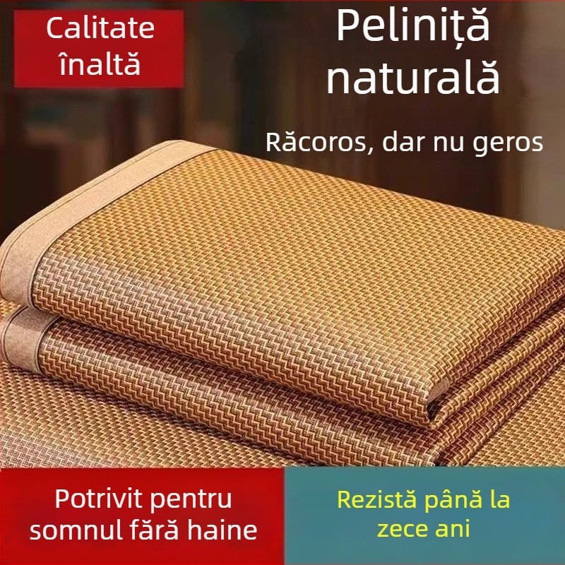 Covoraș cu pelin, repelent împotriva țânțarilor, răcire Ice Silk, set de 3 piese pliabil, cu față dublă, stil rattan, pentru pat acasă sau camin