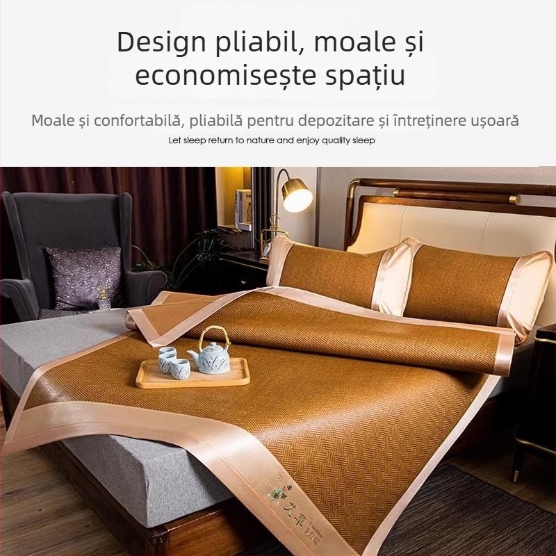 Covoraș cu pelin, repelent împotriva țânțarilor, răcire Ice Silk, set de 3 piese pliabil, cu față dublă, stil rattan, pentru pat acasă sau camin