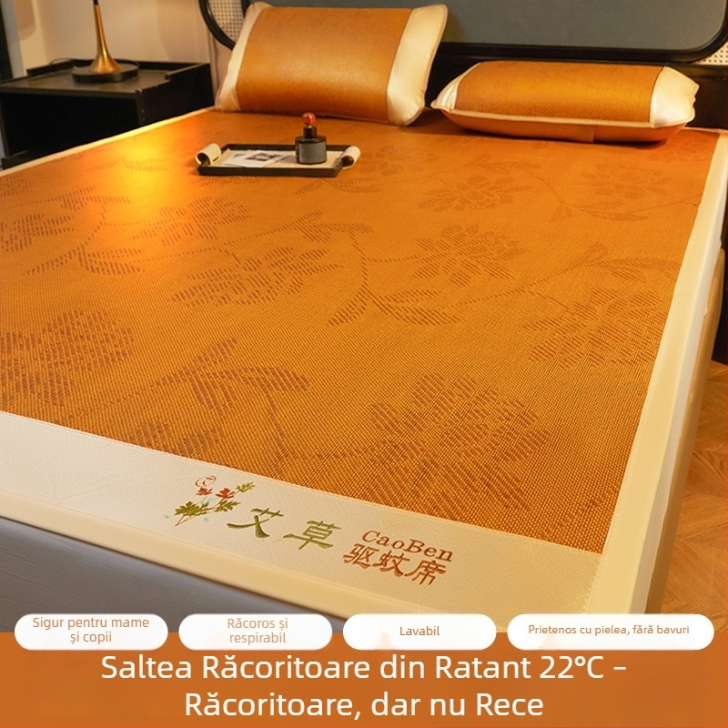 Covoraș cu pelin, repelent împotriva țânțarilor, răcire Ice Silk, set de 3 piese pliabil, cu față dublă, stil rattan, pentru pat acasă sau camin