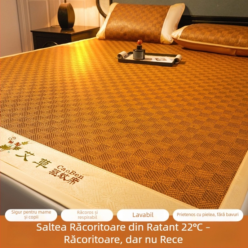 Covoraș cu pelin, repelent împotriva țânțarilor, răcire Ice Silk, set de 3 piese pliabil, cu față dublă, stil rattan, pentru pat acasă sau camin