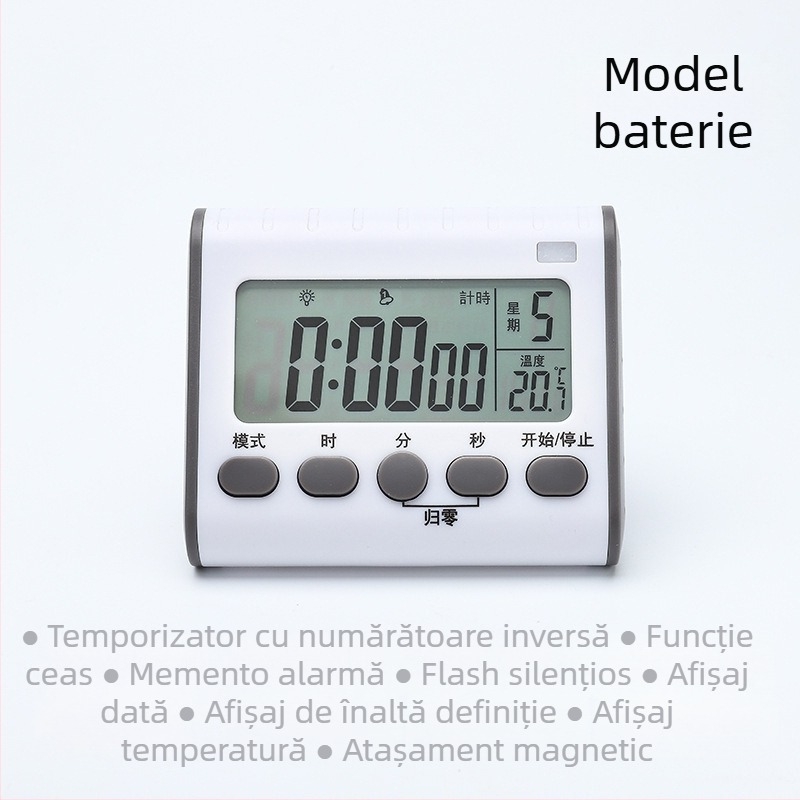 Cronometru de bucătărie cu baterie, avertizare, ceas de alarmă multifuncțional pentru gătit, cronometru disciplină, montare magnetică pe perete
