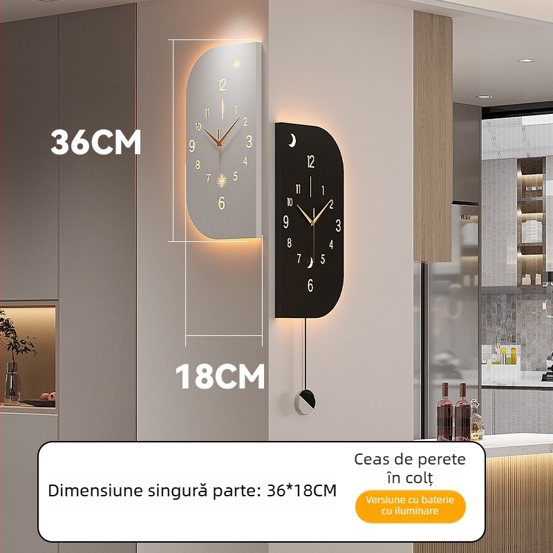 Ceas de perete modern, colț cu afișaj dublu, Mișcare Seiko (Mingmu), alimentat cu baterii, carcasă metalică și cadran metalic