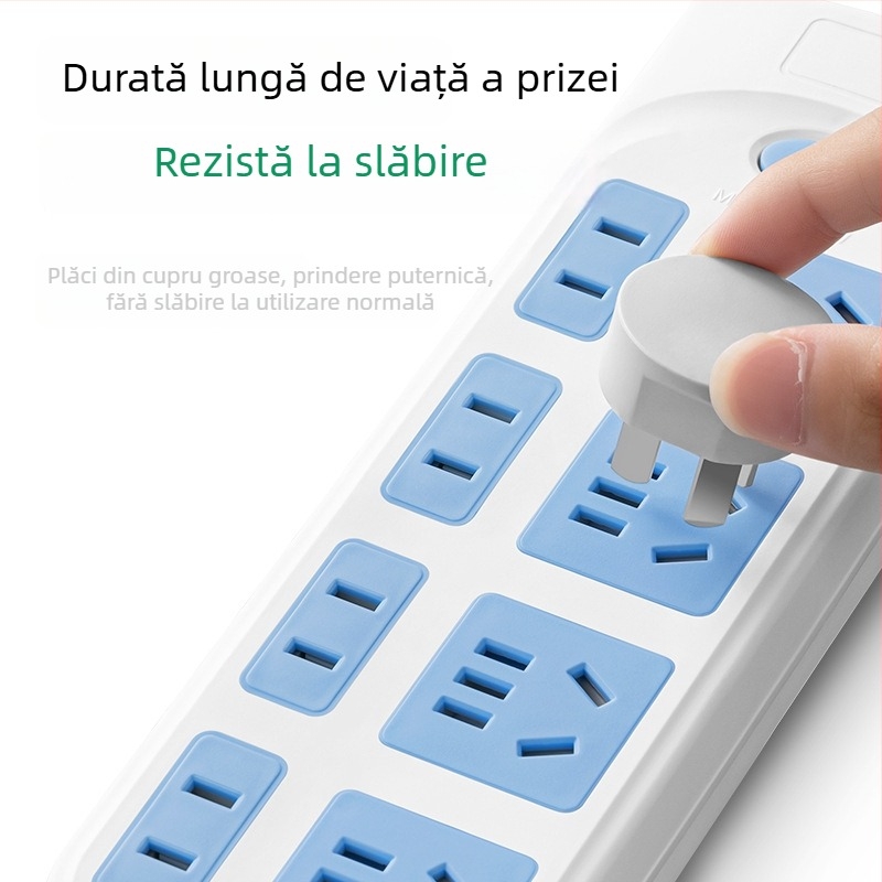 Priză prelungitoare cu 5 prize și cablu lung, 10A, 100-250V, carcasă ABS, conductoare din cupru, certificare 3C