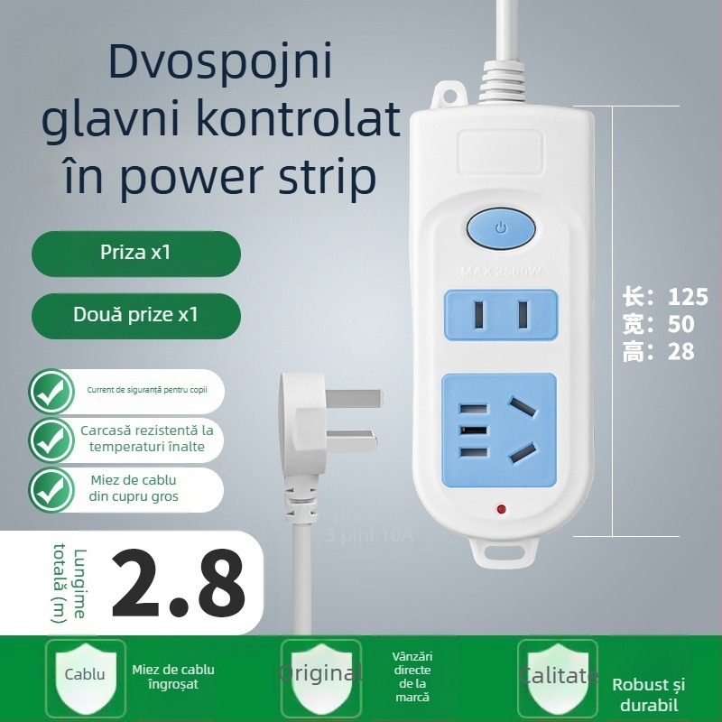 Priză prelungitoare cu 5 prize și cablu lung, 10A, 100-250V, carcasă ABS, conductoare din cupru, certificare 3C