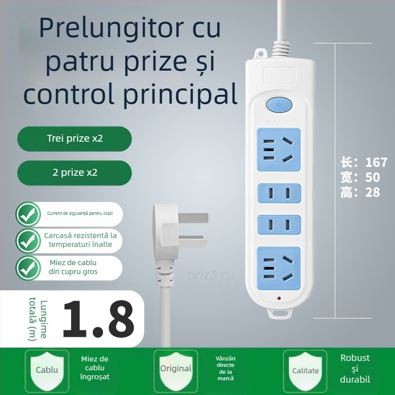 Priză prelungitoare cu 5 prize și cablu lung, 10A, 100-250V, carcasă ABS, conductoare din cupru, certificare 3C