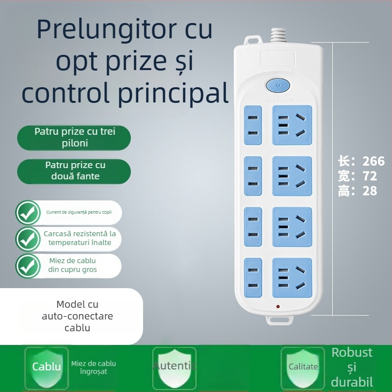 Priză prelungitoare cu 5 prize și cablu lung, 10A, 100-250V, carcasă ABS, conductoare din cupru, certificare 3C