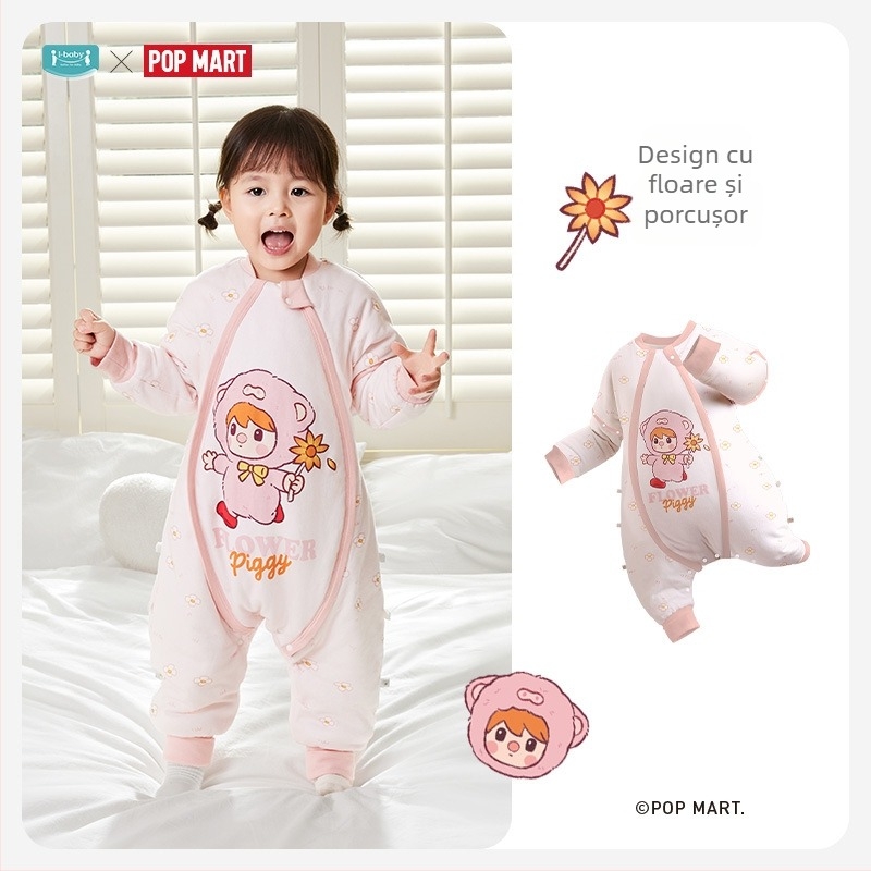 Ibaby sac de dormit pentru copii - design quilted, cu picioare separate, izolație cu temperatură constantă, exterior 100% bumbac, imprimeu cartoon cu ciuperci