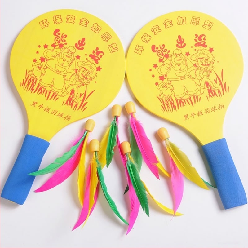 Rachetă de badminton pentru copii din lemn cu mâner din burete, lovire directă, placă de bază din lemn, ramă din lemn