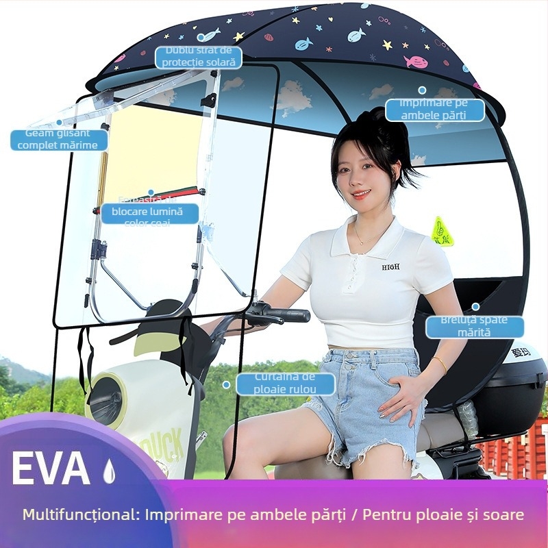 Langlong umbrelă pentru vehicul electric – adăpost împotriva ploii și a soarelui, UPF>40, țesătură 210T, tijă centrală din fibră, deschidere manuală, greutate 2,8 kg