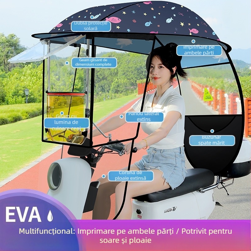 Langlong umbrelă pentru vehicul electric – adăpost împotriva ploii și a soarelui, UPF>40, țesătură 210T, tijă centrală din fibră, deschidere manuală, greutate 2,8 kg