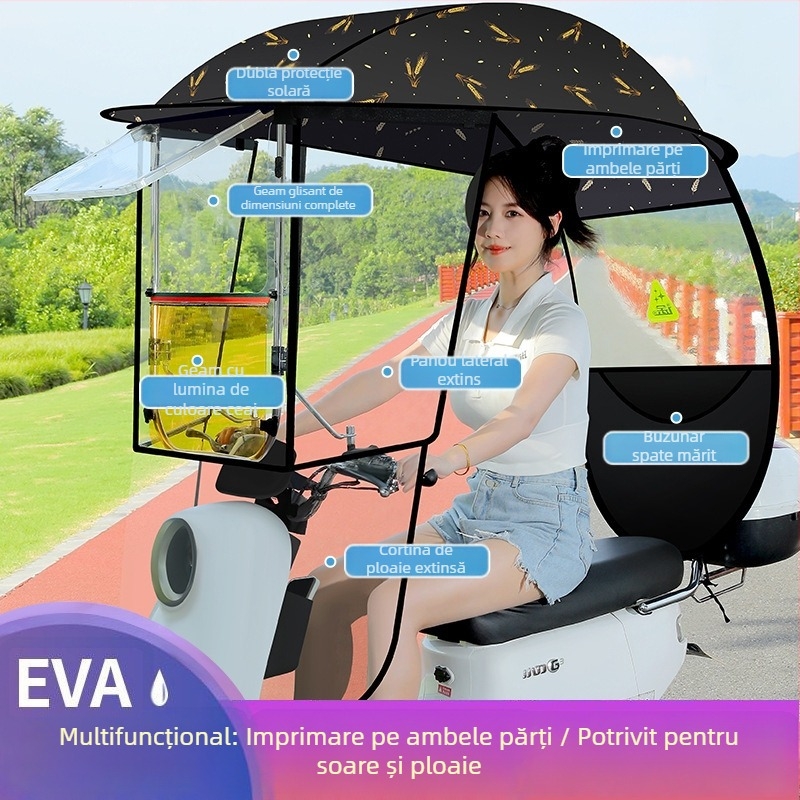 Langlong umbrelă pentru vehicul electric – adăpost împotriva ploii și a soarelui, UPF>40, țesătură 210T, tijă centrală din fibră, deschidere manuală, greutate 2,8 kg
