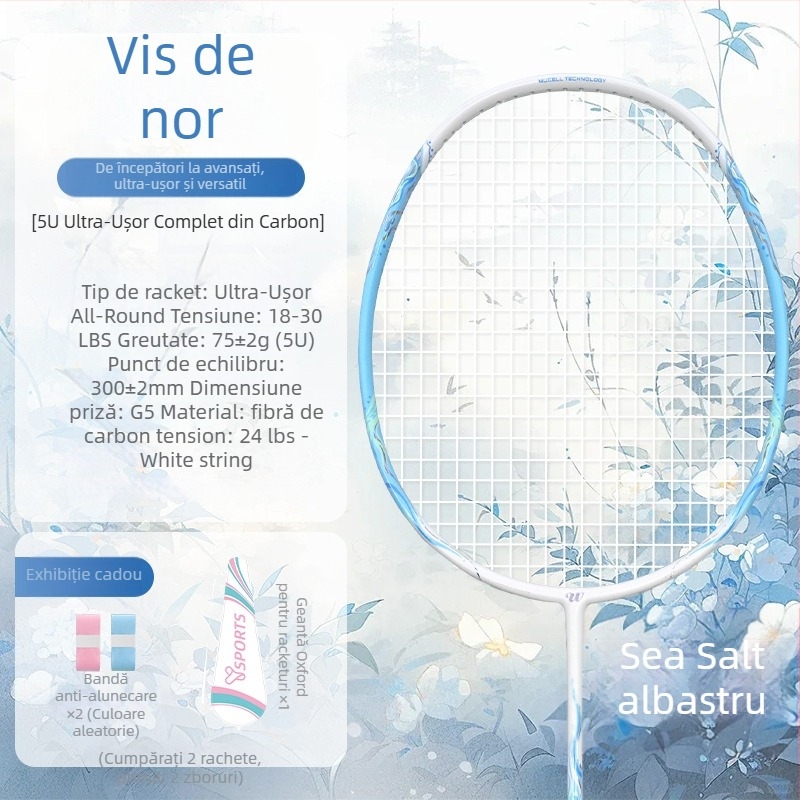 Rachetă de badminton cu cadru din fibră de carbon complet, greutate 75–79 g, lovitură directă, controlul mingii, personalizare disponibilă