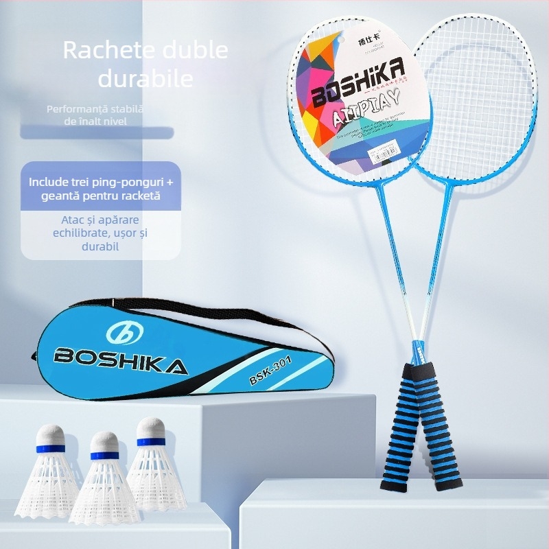 Rachetă de badminton din aliaj – construcție monobloc, ramă din aliaj de fier, fire din nailon, greutate 90–94 g, lovitură directă, pentru amatori