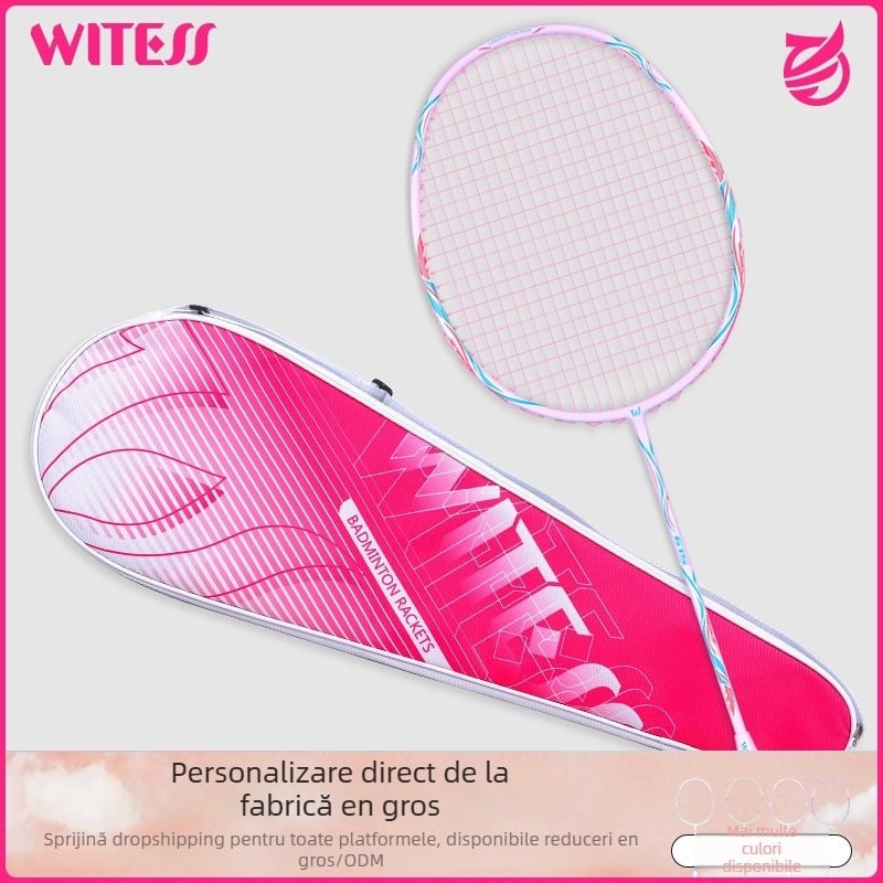 Paletă badminton Witess – Cadru din fibră de carbon, Greutate 80–84 g, Tijă dreaptă, Şnururi din nailon
