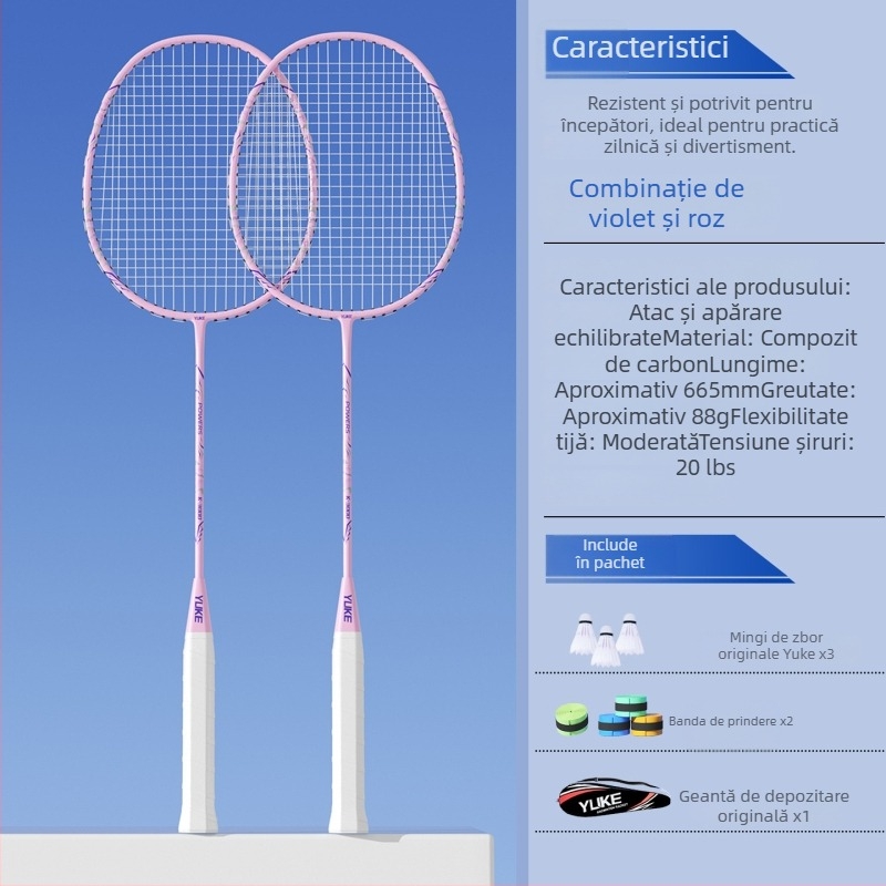 Rachetă de badminton Yuke, cadru din fibră de carbon, greutate 85–89 g, lovitură directă, grosimea mânerului G2