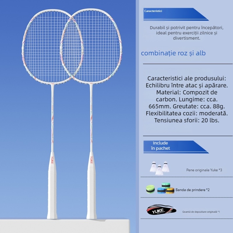 Rachetă de badminton Yuke, cadru din fibră de carbon, greutate 85–89 g, lovitură directă, grosimea mânerului G2