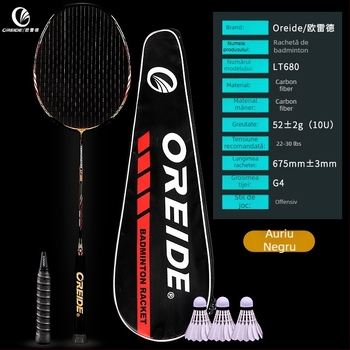 Oreide rachetă badminton – fibră de carbon integrală, ultra-ușoară, model ofensiv durabil, pentru simplu/dublu, personalizabil