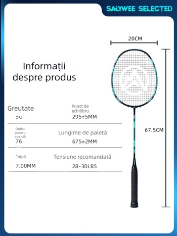 Rachetă de badminton ALPSPORT cu ramă din fibră de carbon, 80–84 g, tensiune 28 lb, lovitură directă
