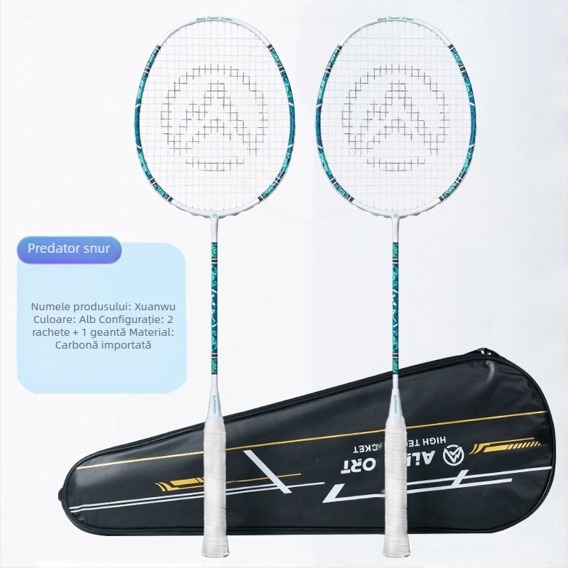 Rachetă de badminton ALPSPORT cu ramă din fibră de carbon, 80–84 g, tensiune 28 lb, lovitură directă
