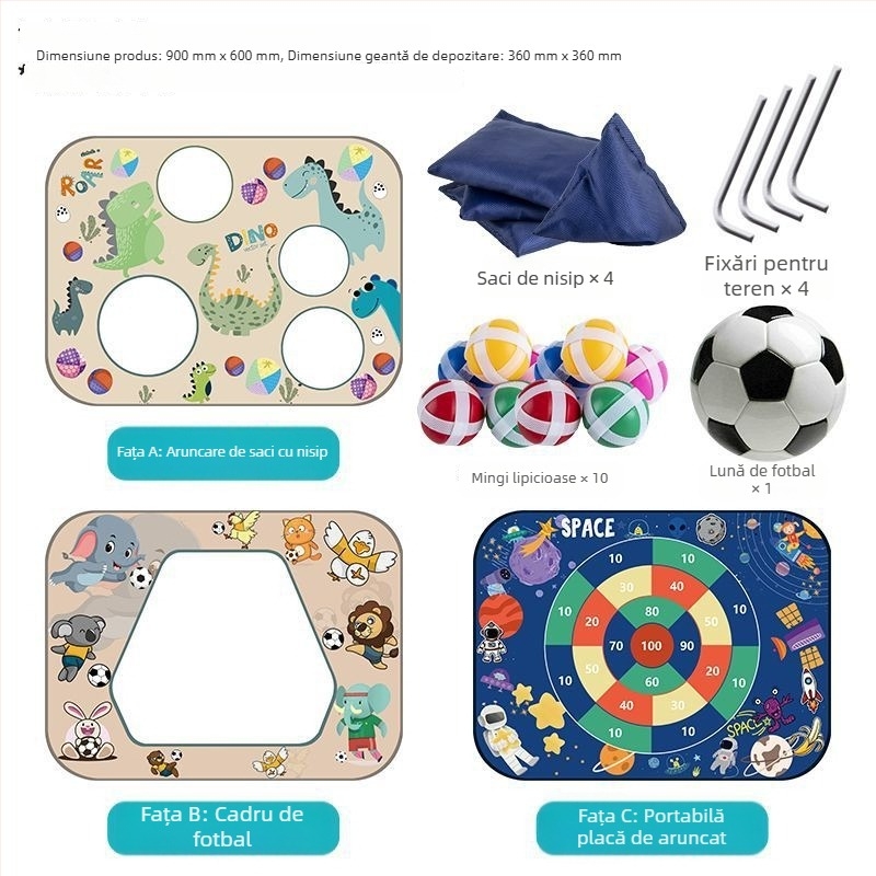 Tablă țintă pliabilă 3 în 1 pentru copii – lovire fotbal, aruncare de saci cu nisip, mingi lipicioase; joc interior și exterior, vârsta 4–6 ani