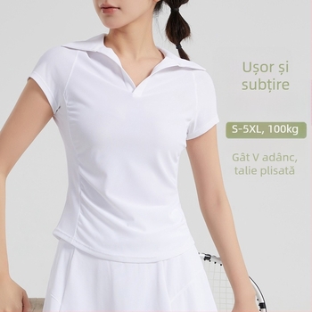 Top de yoga pentru femei, cu mâneci scurte, stil baseball, decolteu în V adânc, talie plisată, lungime pe șolduri, croială slim (88% nailon, 12% spandex)