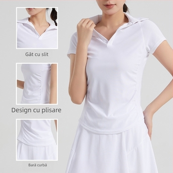 Top de yoga pentru femei, cu mâneci scurte, stil baseball, decolteu în V adânc, talie plisată, lungime pe șolduri, croială slim (88% nailon, 12% spandex)