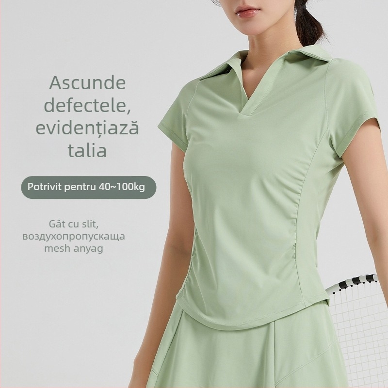 Top de yoga pentru femei, cu mâneci scurte, stil baseball, decolteu în V adânc, talie plisată, lungime pe șolduri, croială slim (88% nailon, 12% spandex)