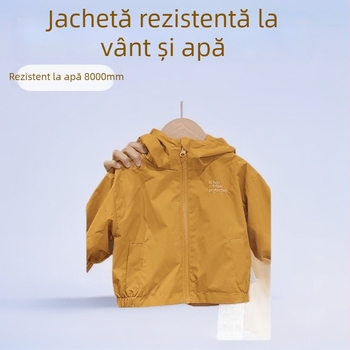 Jachetă pentru copii cu glugă pentru primăvară-toamnă, model 2025, 100% poliester, impermeabil 8000 mm, respirabil 10001–15000 mm, cusături complet etanșe