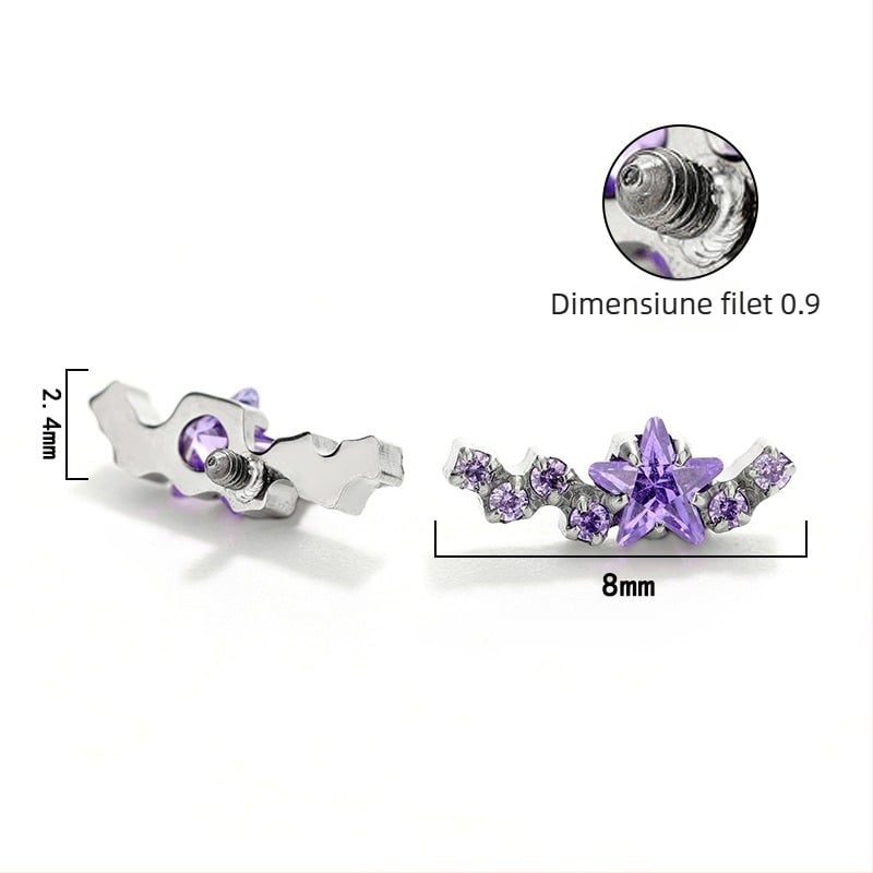 Cercei din aliaj de titan cu zirconiu încrustat, design starburst, șase pietre, forme valuri și geometrice, bijuterii piercing unisex