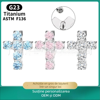 Buton de ureche în formă de cruce din aliaj de titan F136, cu insertie de diamant și zirconiu