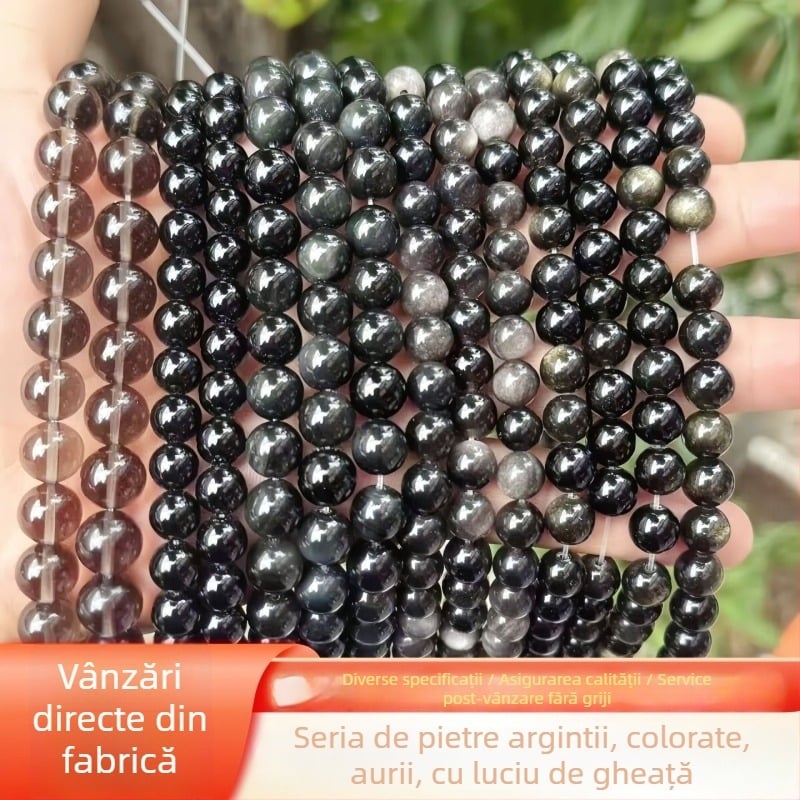 Perle din obsidian natural argintiu și perle rotunde din obsidian auriu, pentru bijuterii DIY, componente pentru brățară, semifabricate la gros
