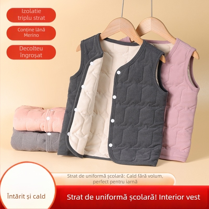 Vesta termică pentru copii - fleece gros pentru iarnă, căptușeală din poliester, fără mâneci, închidere cu nasturi ascunși, unisex