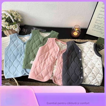 Vestă groasă de iarnă unisex, stil JK cardigan, exterior poliester cu căptușeală poliester, închidere cu nasture unic, pentru vârsta 1–3 ani