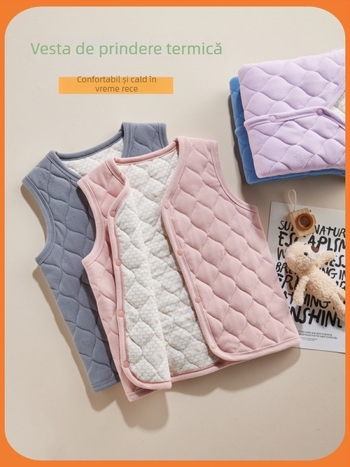 Vesta pentru copii pentru toamnă-iarna – exterior fleece, umplutură poliester, căptușeală din bumbac, gros, guler în V, închidere cu nasturi, carouri sau uni, pentru copii peste 8 ani (aprox. 140 cm)