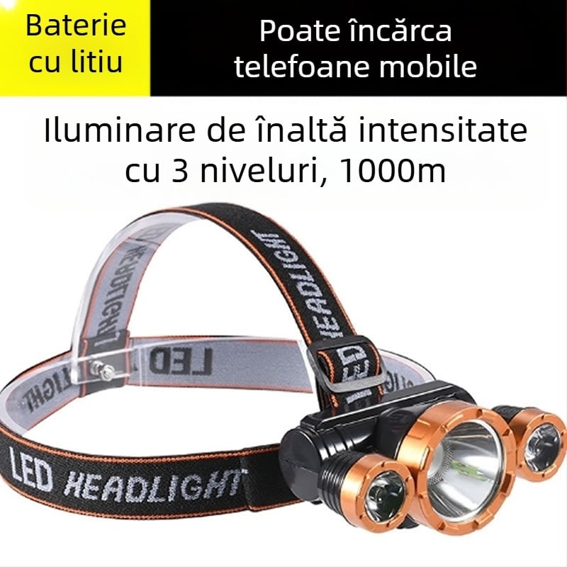 Frontala LED, baterie Li-ion reîncărcabilă, două moduri, impermeabilă, rază de acțiune 100 m