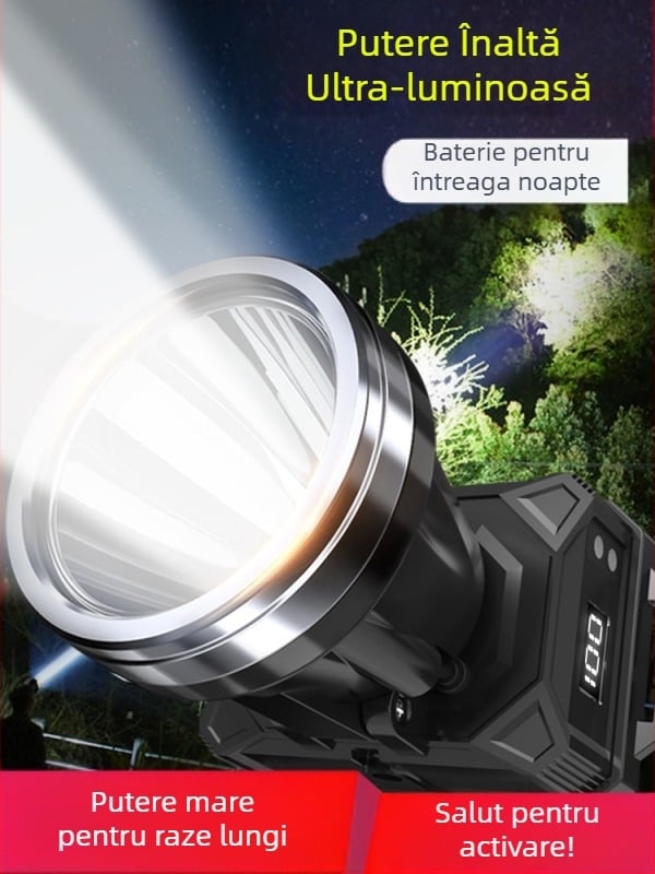 Lampă frontală LED reîncărcabilă, model B90, baterie 18650, rază de iluminare ≥500 m, autonomie 60 h, impermeabilă