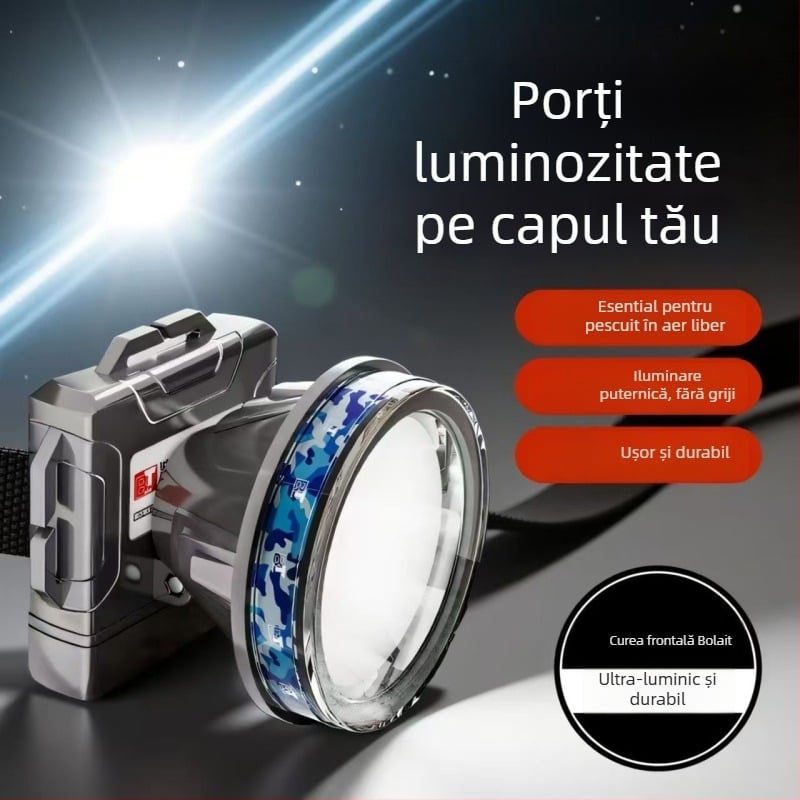 Frontala de cap cu LED-uri duale, Impermeabilă, 50W, baterie 6000–10000 mAh, rază până la 500 m