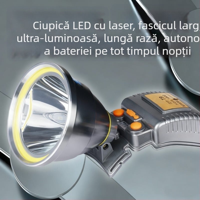 Frontala pentru pescuit nocturn cu laser, baterie Li-ion reîncărcabilă 4400mAh (18650), putere 1500W, carcasă din aliaj de aluminiu + plastic, rază până la 500 m