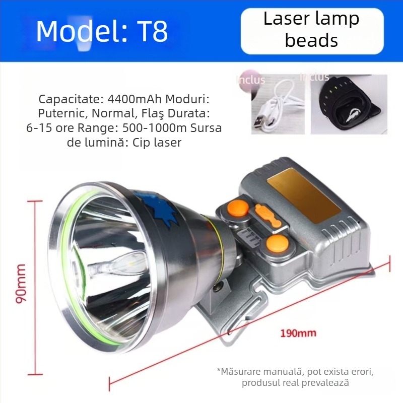 Frontala pentru pescuit nocturn cu laser, baterie Li-ion reîncărcabilă 4400mAh (18650), putere 1500W, carcasă din aliaj de aluminiu + plastic, rază până la 500 m