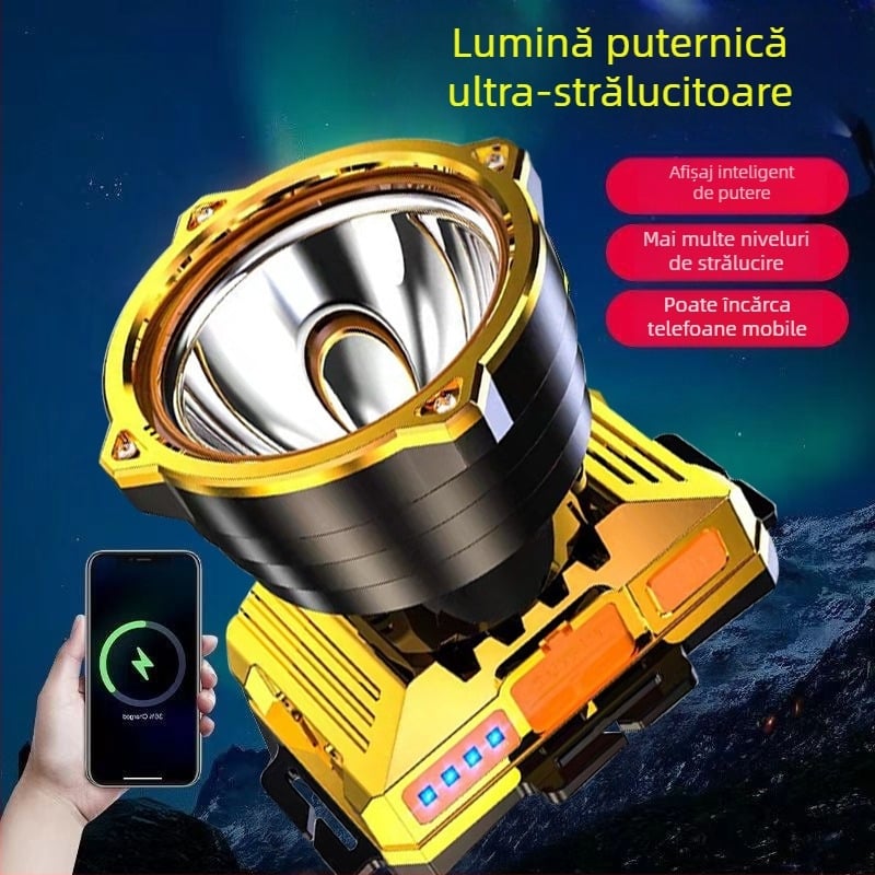 Frontala LED pentru cap (baterie 1500mAh, Putere 30, Rotire 360°, Distanță 200–500m, Încărcare manuală)