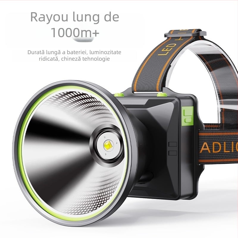 Frontala LED, reîncărcabilă, corp din aliaj de aluminiu, baterie Li-ion 18650, rază de până la 500 m