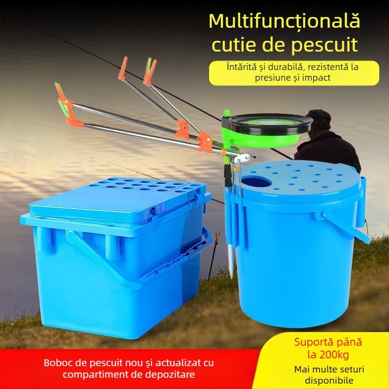 Cutie de pescuit cu șezut integrat și recipient pentru pești vii, carcasă dură monobloc, capacitate 80+
