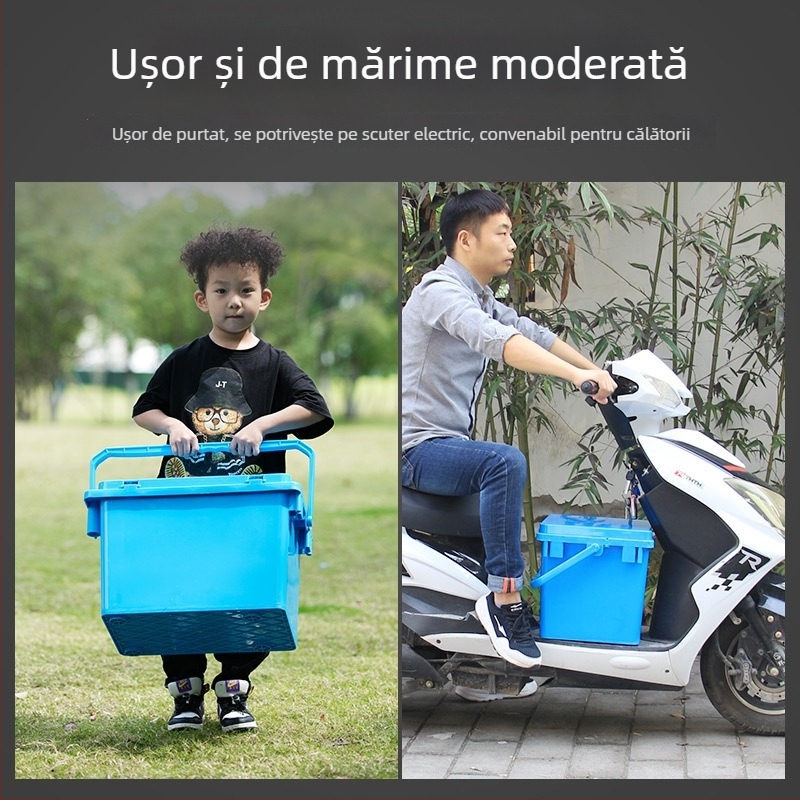 Cutie de pescuit cu șezut integrat și recipient pentru pești vii, carcasă dură monobloc, capacitate 80+