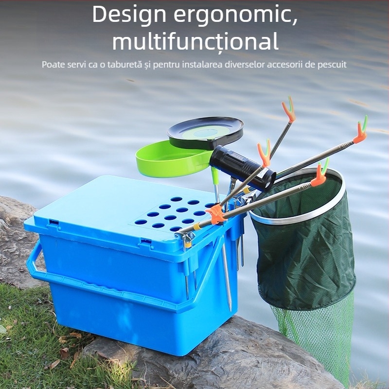 Cutie de pescuit cu șezut integrat și recipient pentru pești vii, carcasă dură monobloc, capacitate 80+