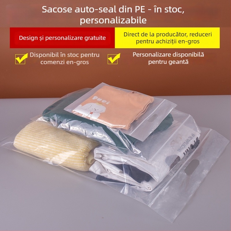 Geantă de ambalare pentru haine din PE, cu fermoar, transparentă, sigilare automată, cu orificiu de agățare